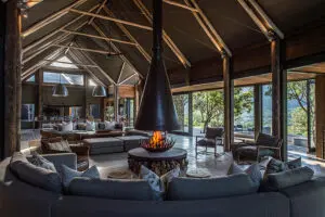 The beautifully designed main lodge with a central fireplace. 