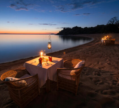 Just another perfect evening on the shores of Lake Malawi, complete with a private dinner for two.

