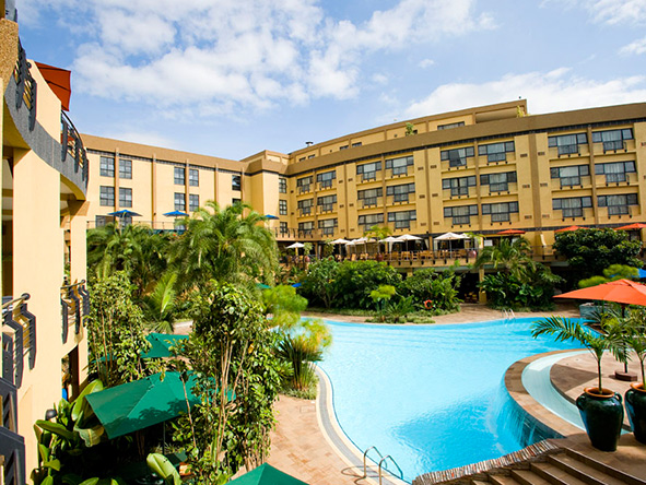 Kigali Serena Hotel rooms overlook the large swimming pool.