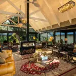 The lounge and bar, with a central fireplace to keep cosy during the colder evenings and mornings.