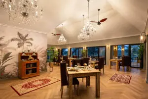 The indoor dining area.