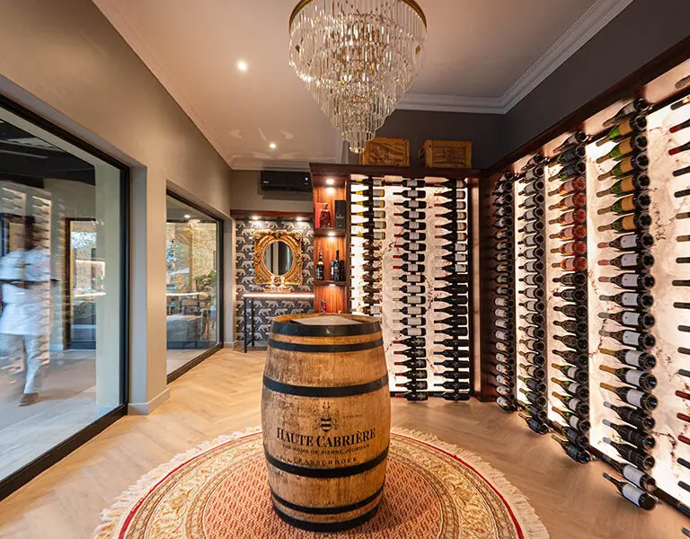 The wine cellar, with an excellent selection of fine South African wines.