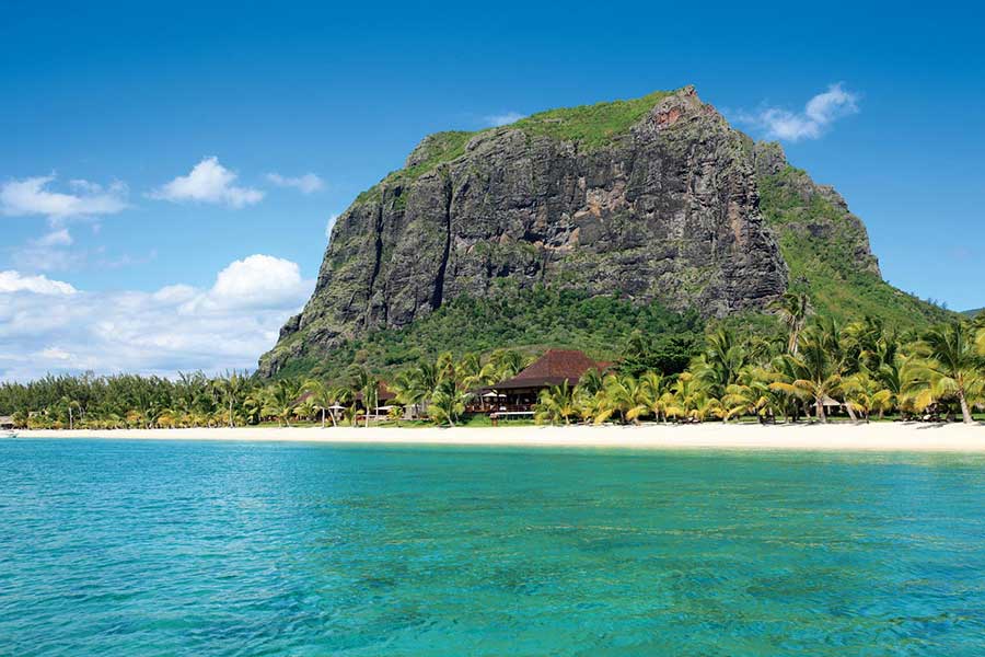 LUX Le Morne Hotel view from the beach.