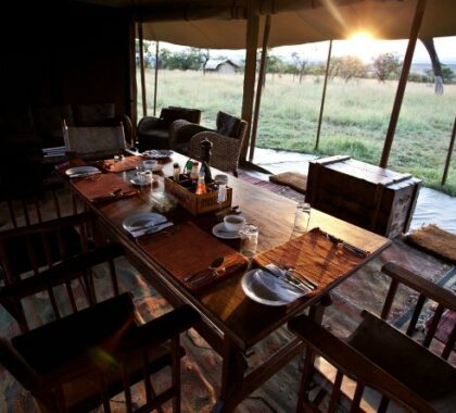 Watch the Serengeti sunset from the main lodge during dinner in the bush.
