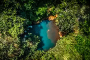 Aerial view of of the Blue Pool in the Ngare Ndare forest. 