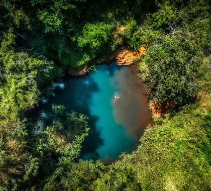 Aerial view of of the Blue Pool in the Ngare Ndare forest. 