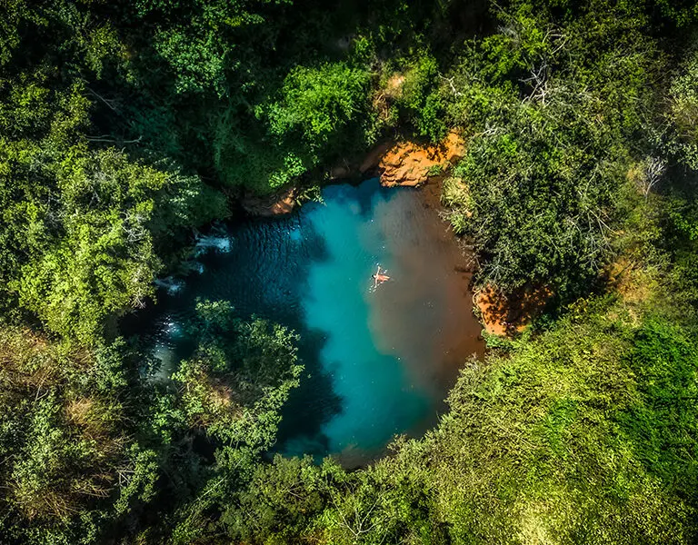 Aerial view of of the Blue Pool in the Ngare Ndare forest. 