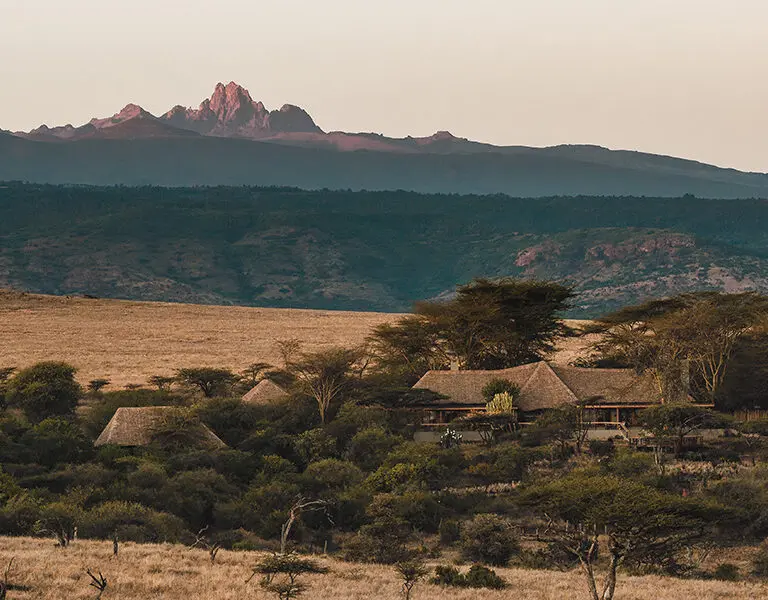 Mount Kenya and Lewa Safari Camp at sunrise. 