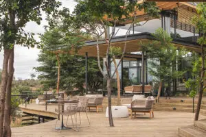 The expansive deck at Lion Sands Ivory Lodge in Sabi Sands, Kruger. 