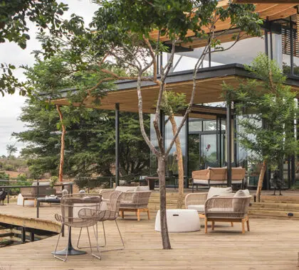 The expansive deck at Lion Sands Ivory Lodge in Sabi Sands, Kruger. 