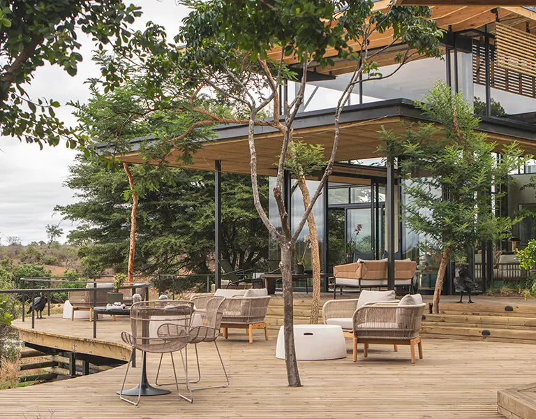 The expansive deck at Lion Sands Ivory Lodge in Sabi Sands, Kruger. 