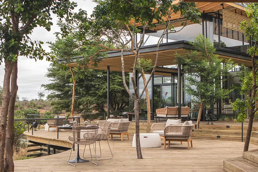 The expansive deck at Lion Sands Ivory Lodge in Sabi Sands, Kruger. 