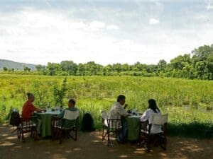 El desayuno y la comida se sirven en el comedor al aire libre, donde es posible que se le una un elefante errante.