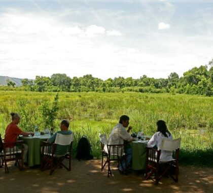 Breakfast and lunch are enjoyed in the outdoor dining area, where you may be joined by a wandering elephant.