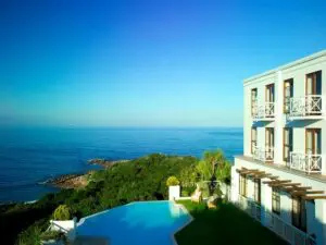 The Villa is built on a hill, overlooking the ocean.