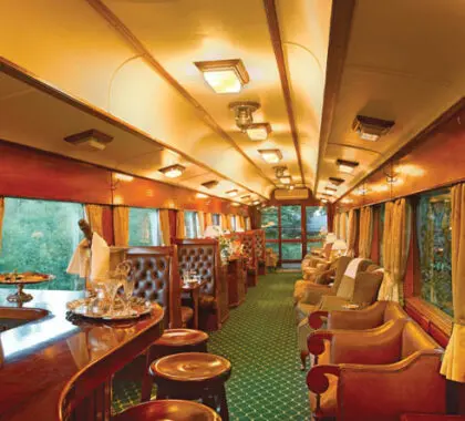 Champán y canapés señalan la llegada de la noche a bordo del inigualable Rovos Rail.