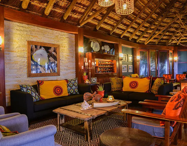 The lodge has been constructed out of natural materials like wood, stone and thatch.