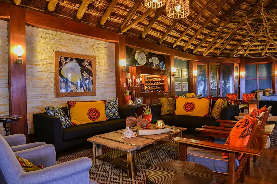 The lodge has been constructed out of natural materials like wood, stone and thatch.