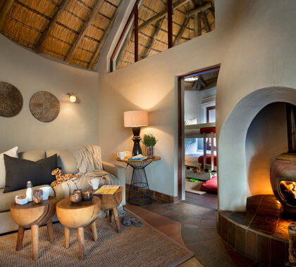 The family suite at Madikwe comes with a private fireplace and lounge.