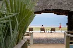 The swimming pool deck looks out over to Lake Manyara. 