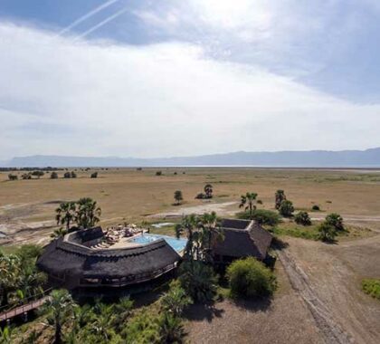 An aerial shot of Maramboi Camp, featuring the Great Rift Valley. 