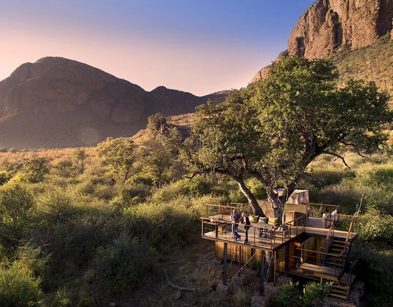 Reserve una noche en la casa del árbol Thabametsi, una plataforma elevada acondicionada como una suite, con cuarto de baño incluido.
