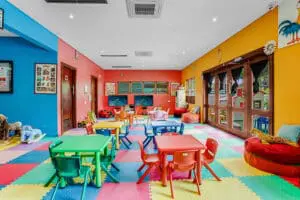 The children's playroom has an indoor and outdoor space.