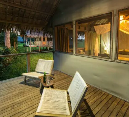 Las cómodas casitas ofrecen un espacio acogedor y privado para relajarse y escuchar las melodías nocturnas del bosque.