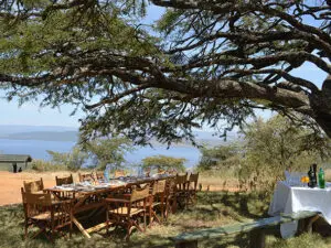 Shaded by giant acacia trees, lunch is served with panoramic Lake Nakuru views.
