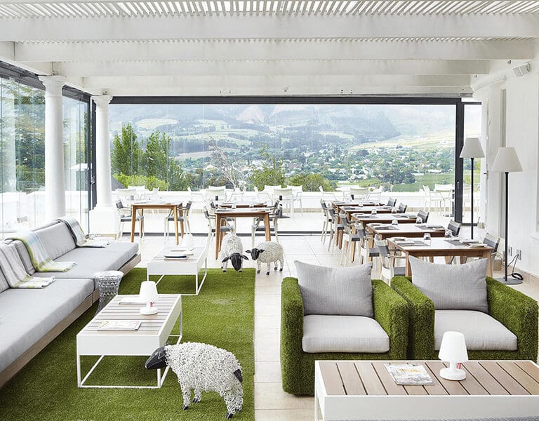 Mont Rochelle Miko Terrace has incredible views of the surrounding Franschhoek valley.