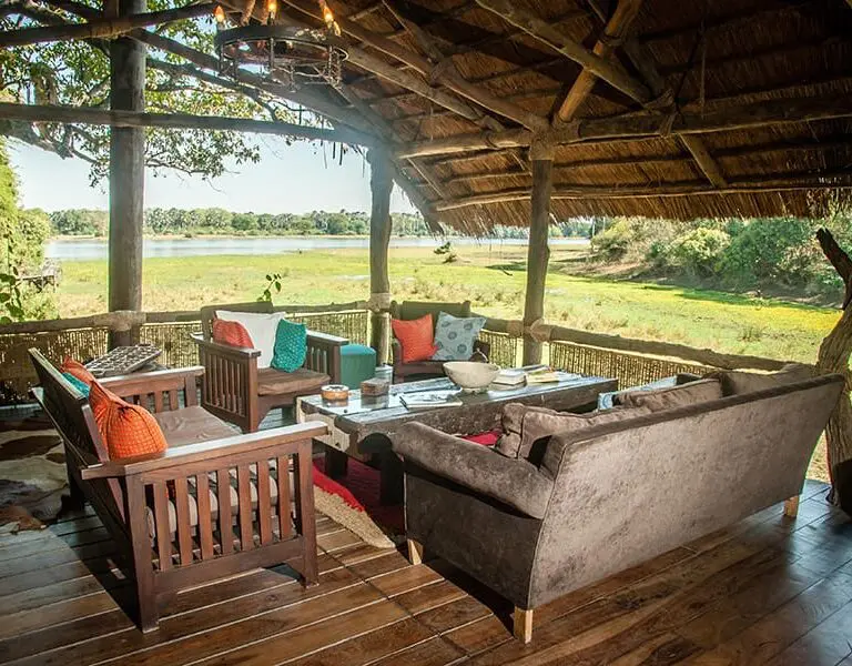 The lounge on the open-sided deck looks out over the lagoon.