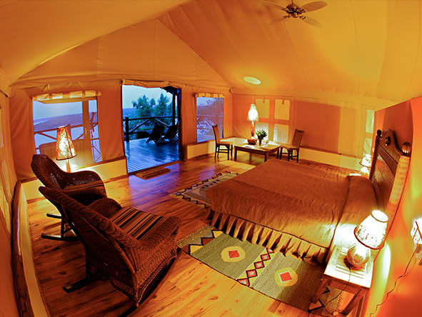 Some of the rooms capture the essence of a camping safari, with canvas walls and ceiling.