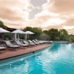 La piscina sombreada y el solárium.