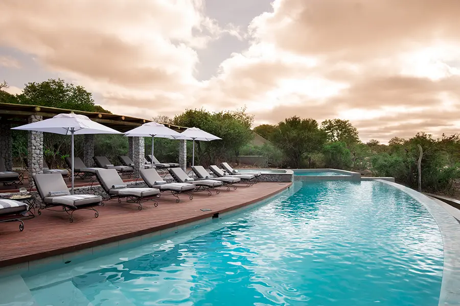 La piscina sombreada y el solárium.