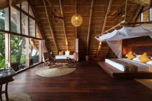 Thatched 'Bandas' at Nile Safari Lodge create a comfotable yet authentic safari feel. 