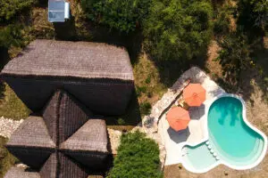 Nile Safari Lodge caters for both families and couples. Aerial view of the Family Banda. 