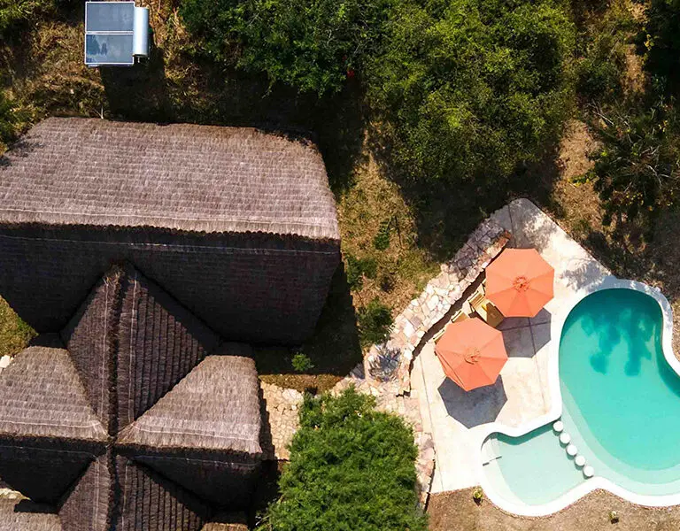 Nile Safari Lodge caters for both families and couples. Aerial view of the Family Banda. 