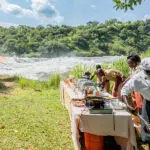 A barbeque picnic lunch next to the river.