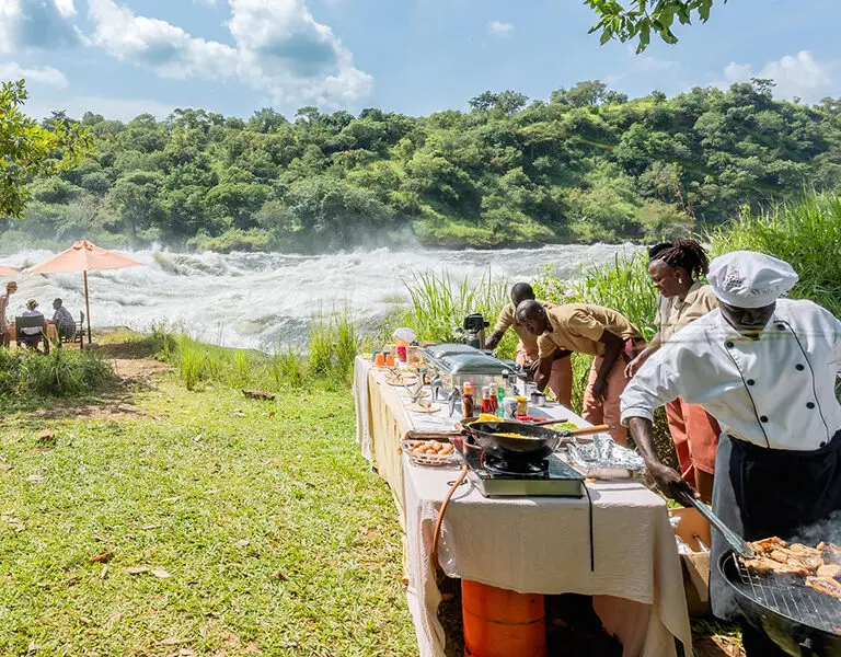 A barbeque picnic lunch next to the river.