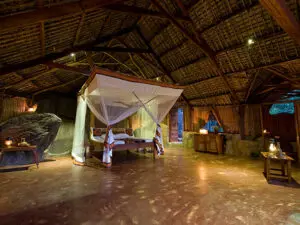 Los chalés de Nkwichi son enormes e incorporan rocas y árboles en su diseño.