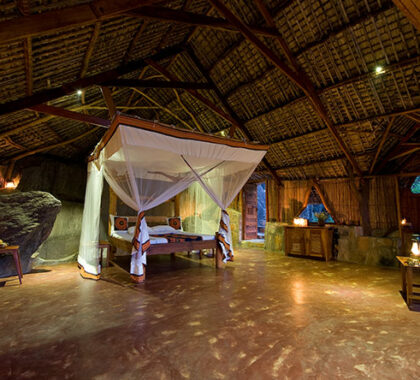 Nkwichi's chalets are enormous & incorporate surrounding rocks & trees into their design.
