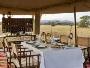 The simple design of the mess tent belies the sophisticated cuisine served under its cool canvas.
