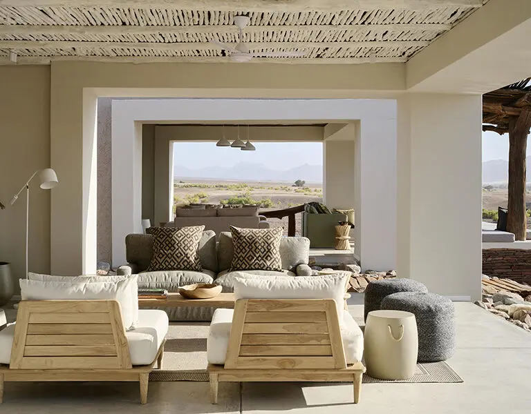 The lounge invites complete relaxation in the quietness of the desert and adorned in calming neutral tones.  