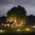 A lantern-lit private dinner setup under the stars.