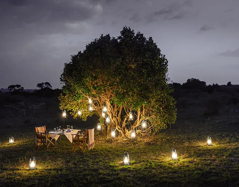 A lantern-lit private dinner setup under the stars.