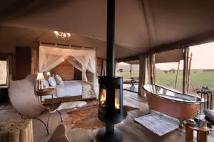 Estufa de leña y bañera exenta en el salón.