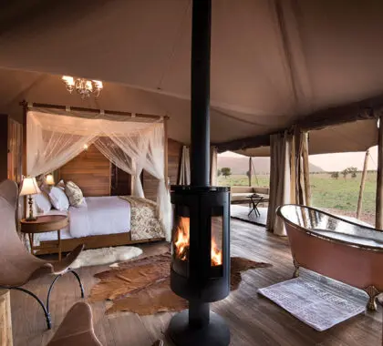 A wood-burning stove and a free-standing bathtub in the living room.