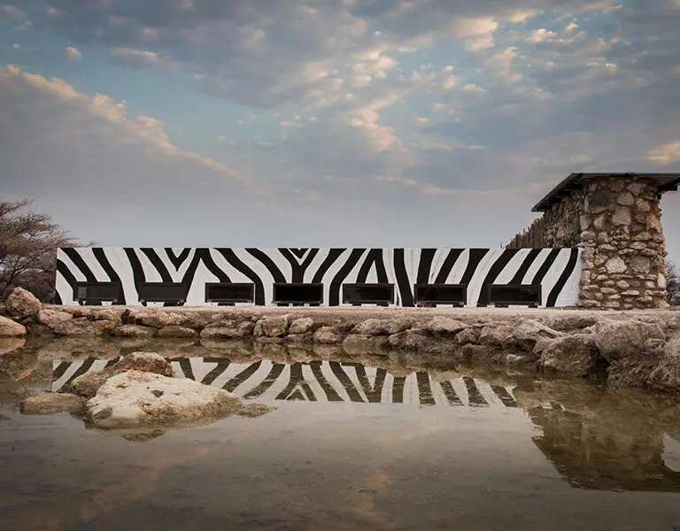 The underground hide looks out at the waterhole at ground level.