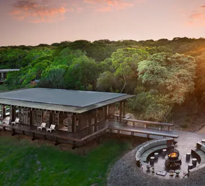 Aerial view of the lodge main area and firepit.