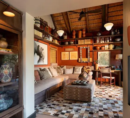 A lounge nook and desk area.